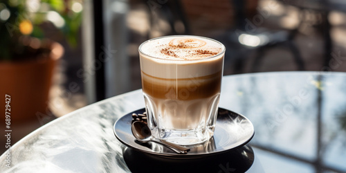 Freshly made hot cappuccino on glass table, angled top down, midday warm, close-up, centred shot