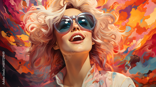 Psychedelic '70s Vibes: Portrait of a Joyful Fair-Haired Woman in Sunglasses