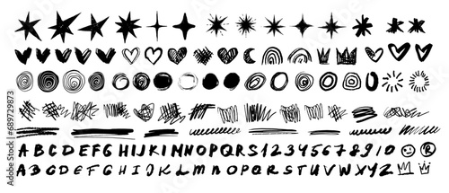 Scribble doodle paint underline children set, marker scratch, vector pen squiggle kit, black stoke. Kids hand drawn pencil abstract sketch, handwriting font alphabet, star, heart. Scribble doodle