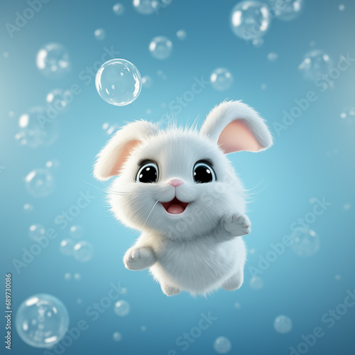cute white bunny among soap bubbles on blue background © Evgeny