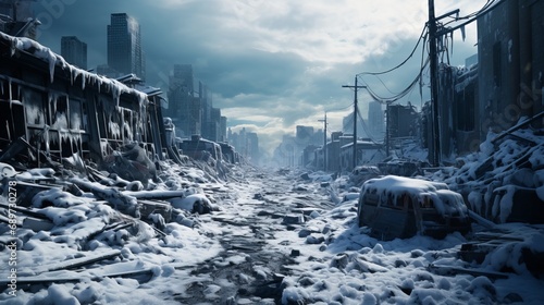 Apocalyptic landscape with an abandoned snow-covered city streets.