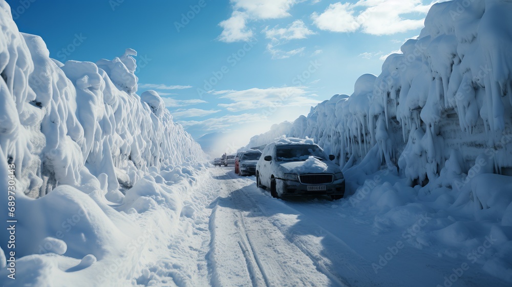 Consequences of a snow storm. Cars stuck in snow drifts. Consequences of a snow storm. Cars stuck in snow drifts.