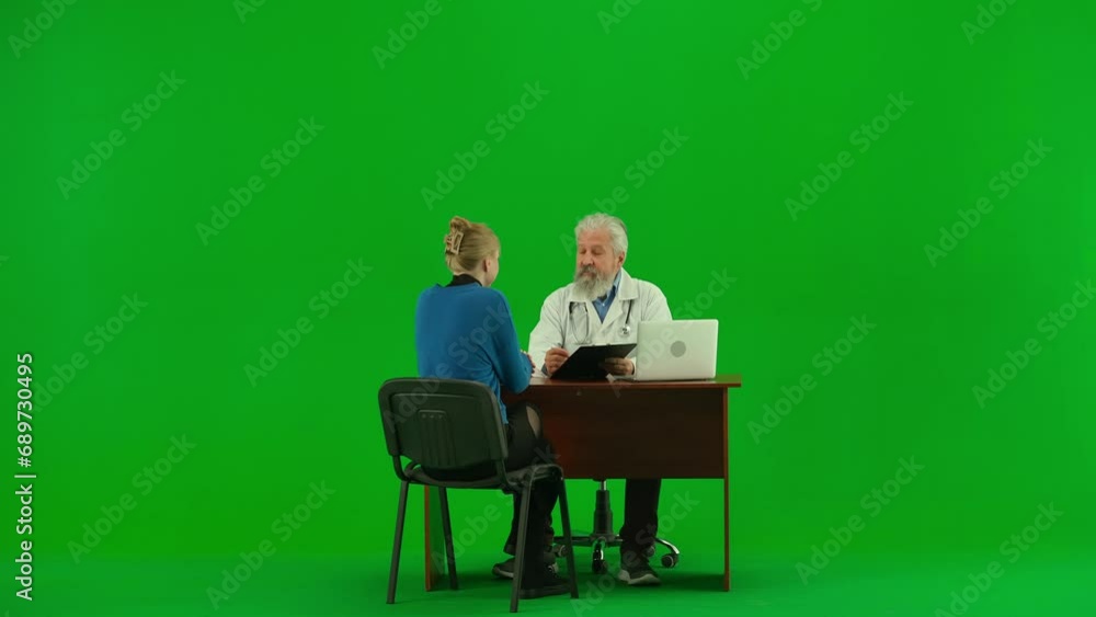Portrait of aged man medic on chroma key green screen. Senior doctor in uniform sitting at table talking with woman patient, showing analysis. Portrait of aged man medic on chroma key green screen. Senior doctor in uniform sitting at table talking with woman patient, showing analysis.