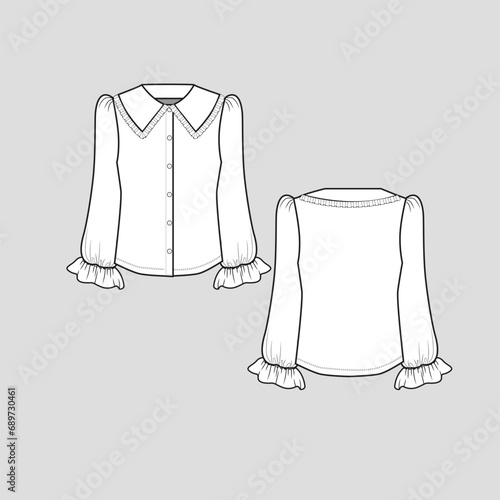 Collar Neck Frills  top Full Open button panel placket collar neckline frill elastic gathering Ruffles long  sleeve hem Fashion clothing outline flat sketch technical drawing template design