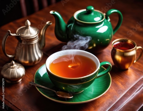 Green teapot and a cup of tea and metal pot in cozy cafe or restaurant atmosphere