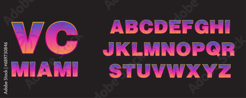 90's Miami inspired alphabet. 80's retro letters collection. Outrun typography with vivid colors and palm trees. Beach bar and club style. Sunset vibes. Florida city lettering. Vice aesthetic.