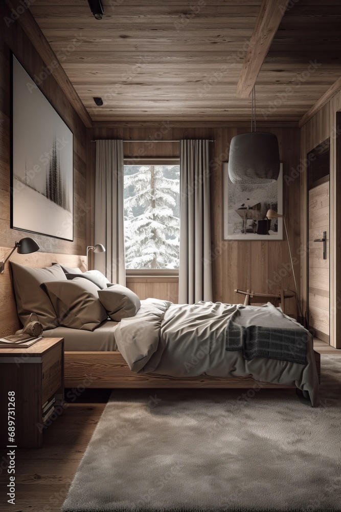 Modern interior of bedroom in chalet style house.