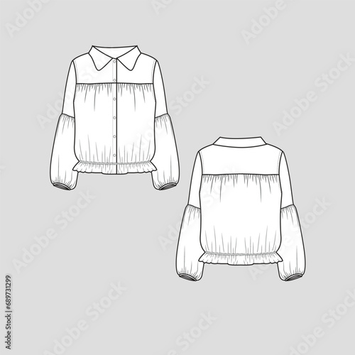 Collar neck Lantern sleeve t shirt Full Open Button Panel elastic gatherings ruffles frill hem detail Long lantern Sleeve Fashion clothing outline flat sketch technical drawing template design