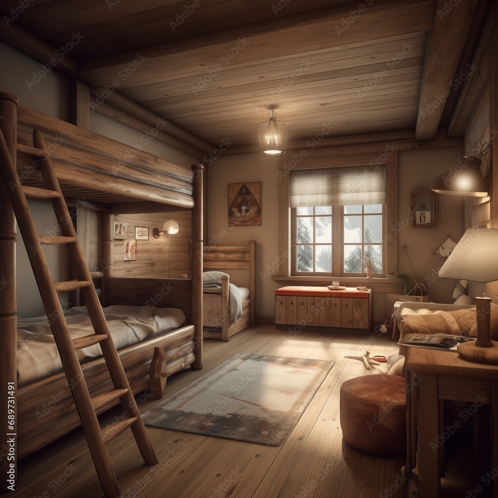 Fototapeta premium Children room interior with bulk bed in traditional Swiss chalet.