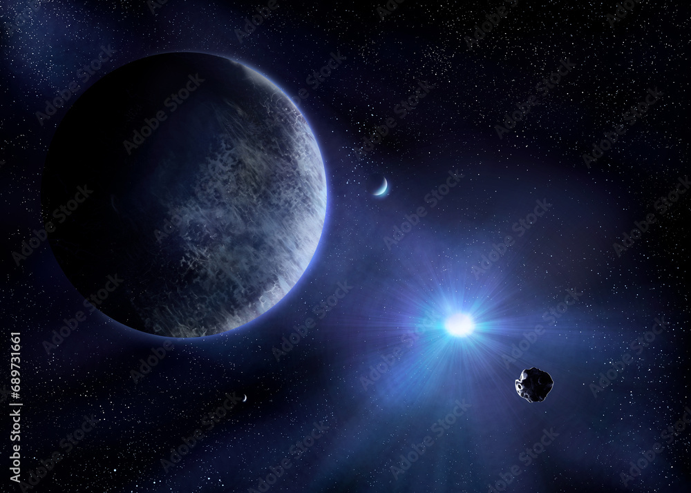 Moons orbit a planet in outer space