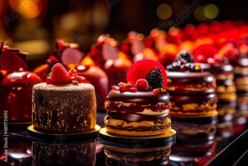 Délicieux petits fours, couverts de chocolat et décorés avec art. Pâtissier de France, gastronomie, dessert des Fêtes de fin d´année. Célébration culinaire.