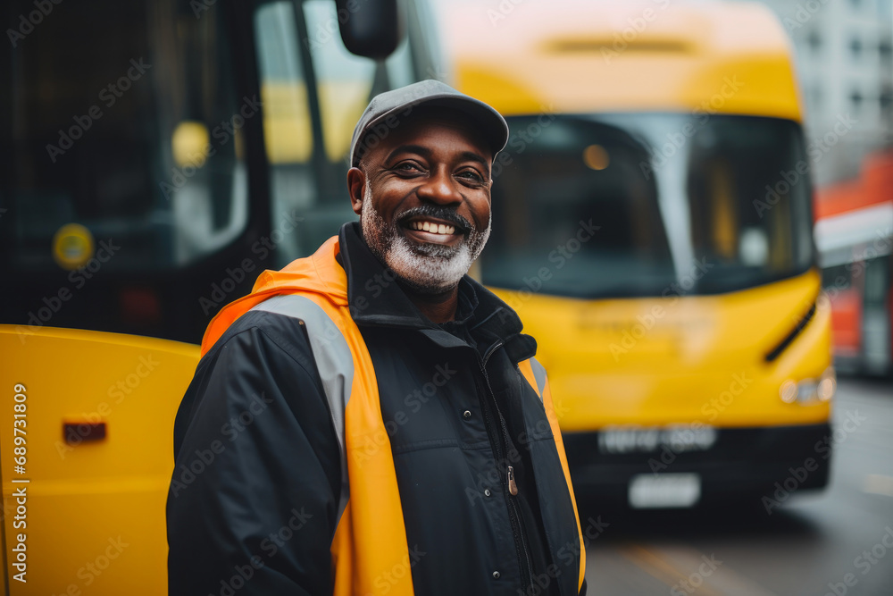 Middle-Aged Bus Driver Smiling Proudly Middle-Aged Bus Driver Smiling Proudly