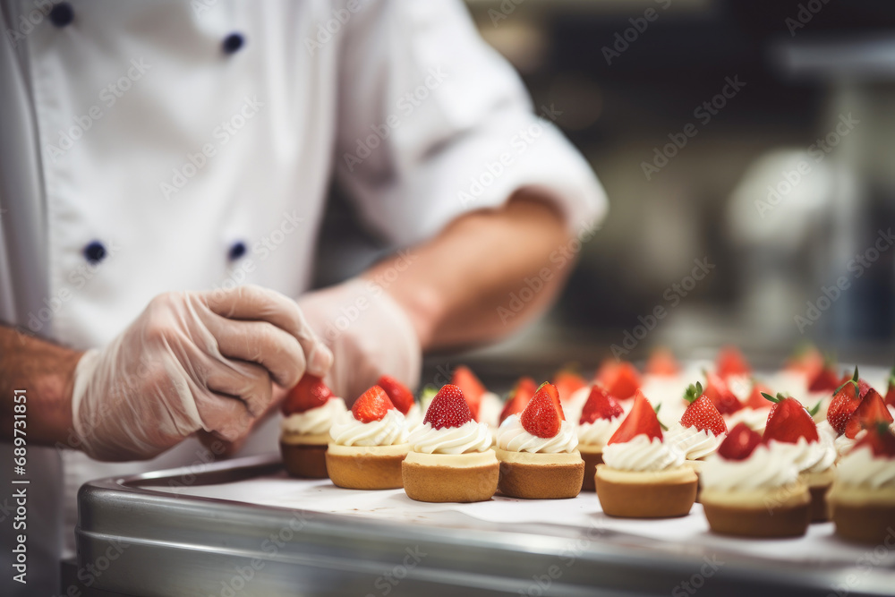 Gourmet Chef Presenting Strawberry Cheesecakes Gourmet Chef Presenting Strawberry Cheesecakes