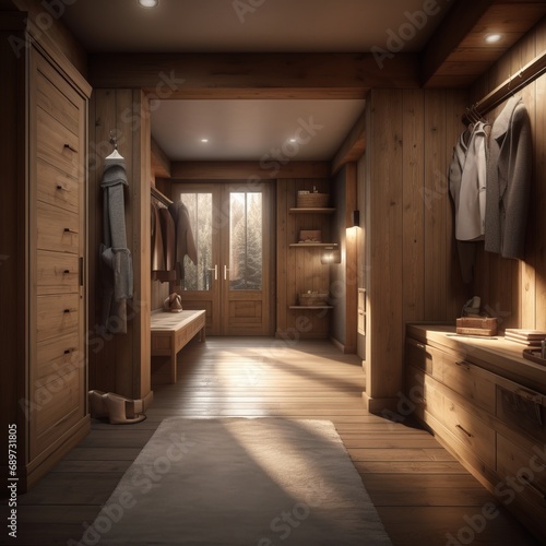 Minimalist wardrobe interior with wooden furniture in modern Swiss chalet