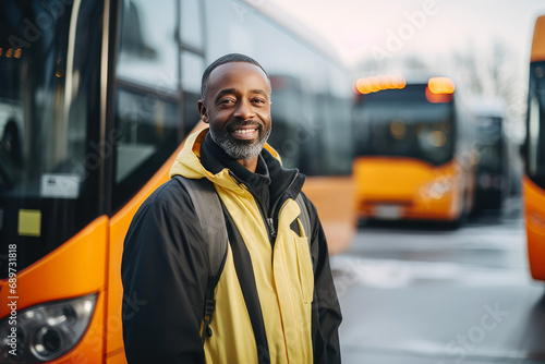 Cheerful Bus Operator in Bus Front