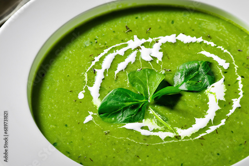 Creamy spinach soup with spices in a white plate close-up. Health food  keto diet concept