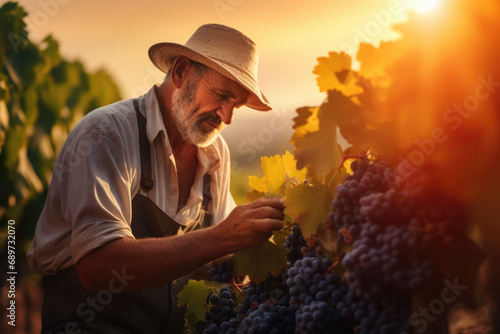 An older man harvesting grapes in his vineyard at sunset