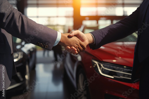 Happy customer shaking hands with sales agent after a successful car buying. Car buying concept © pilipphoto