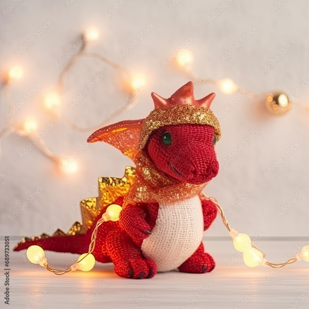 Dragon toy. Warm light garland. Christmas mood. symbol of the year. Chinese Lunar New Year