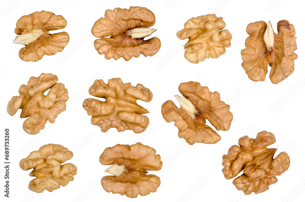 Walnuts isolated on a white background, top view Walnuts isolated on a white background, top view