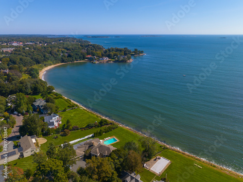 Patch Beach and Brackenbury Beach aerial view at Beverly Cove with Curtis Point at fall in town of Beverly, Massachusetts MA, USA. 