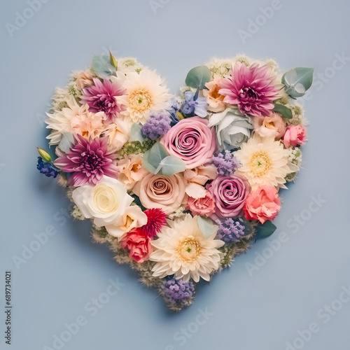 Heart made of colorful flowers on isolated gray background. Love symbol. Minimal blooming concept. Greeting, invitation, wedding, valentine or gift card. Flat lay, top view. © jbuinac