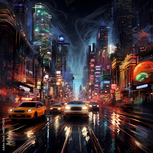 A bustling cityscape with streaks of car lights at night