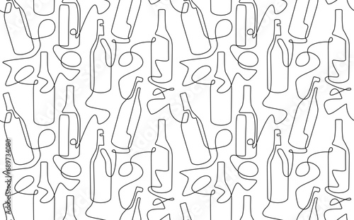 Wine hand drawn seamless pattern isolated on white background. Continuous line drawing style. Vector illustration.