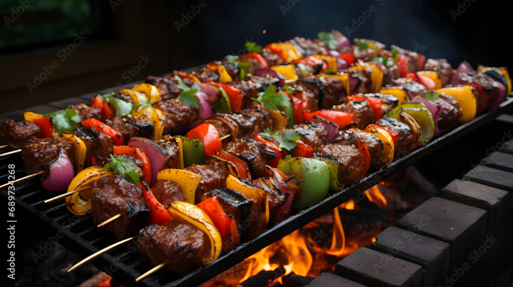Vibrantly Grilled Skewers Sizzling on the Grill, Infused with Juicy Smoky Goodness