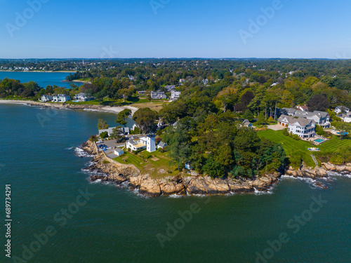 Fototapeta Naklejka Na Ścianę i Meble -  Hospital Point Lighthouse aerial view at Hospital Point at Beverly Cove at fall in town of Beverly, Massachusetts MA, USA. 