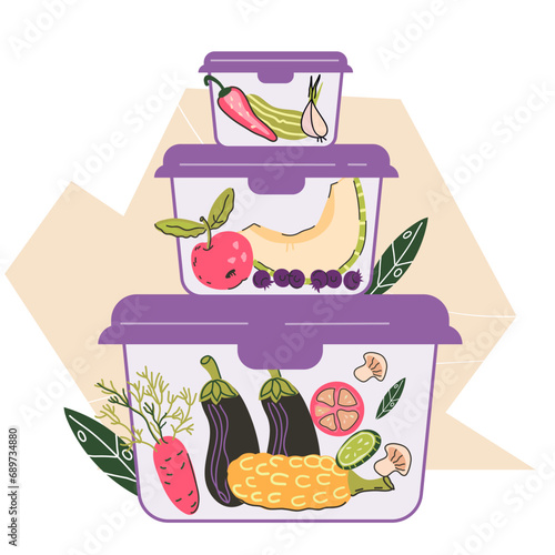Food storage and preserving freshness and preventing spoilage of leftovers. Plastic containers for food storage, packing and preserving. Reducing food leftovers and waste, vector illustration isolated
