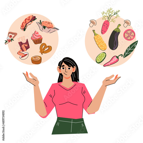 Choice between unhealthy fatty fast food and healthy meal, flat cartoon vector illustration isolated on white background. Eating habits and meal plan, decision what to eat during diet.