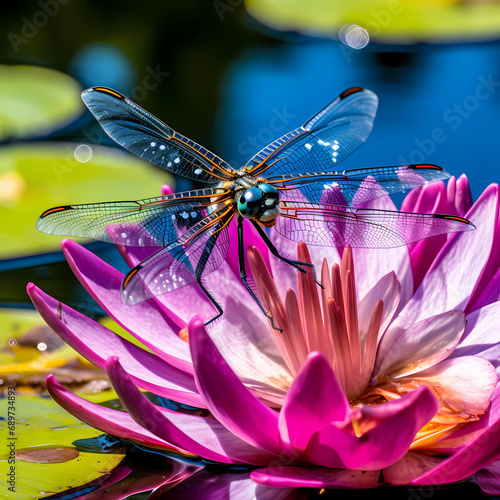 Close-up of a dragonfly resting on a water lily.