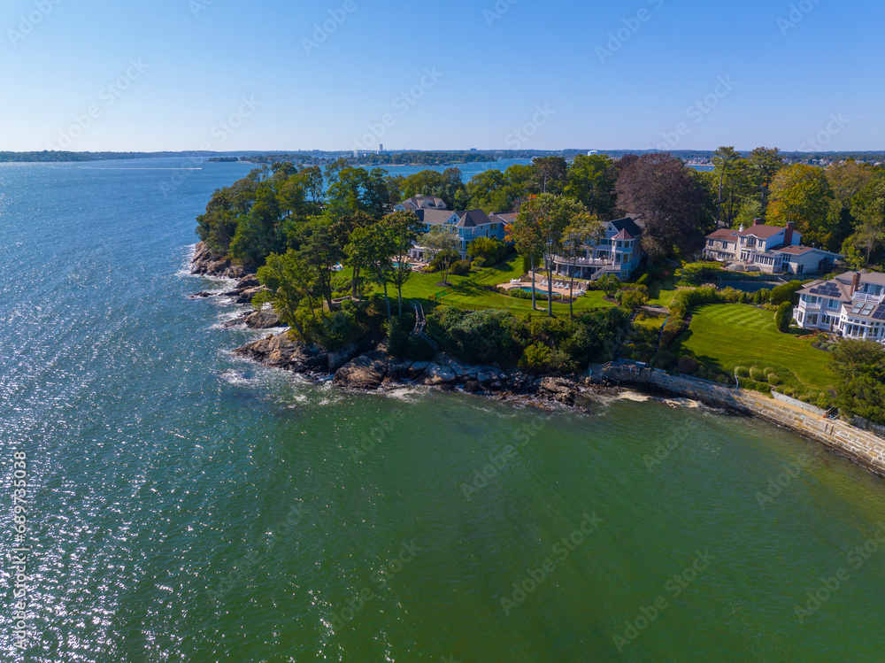 Historic mansion at Hospital Point near Patch Beach aerial view at Beverly Cove at fall in town of Beverly, Massachusetts MA, USA. 