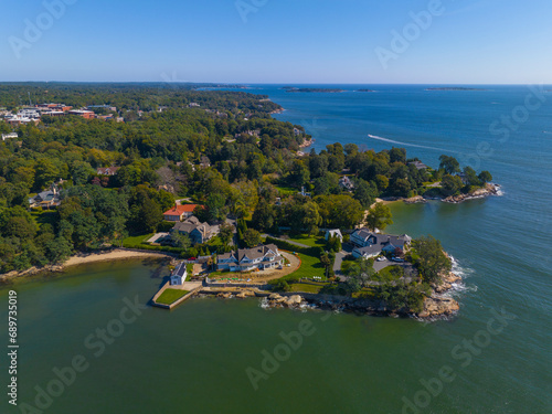 Curtis Point aerial view at Beverly Cove with Beverly coast at the background at fall in town of Beverly, Massachusetts MA, USA. 