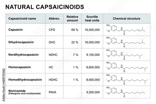 Naturally occurring capsaicinoids in chili peppers. Table with the 6 names of the capsaicinoids, descending from the most common average amount in percent, with abbreviations, and chemical structures. photo