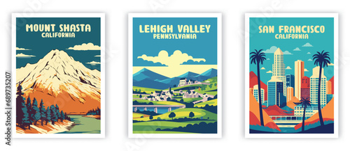Mount Shasta, Lehigh Valley, San Francisco Illustration Art. Travel Poster Wall Art. Minimalist Vector art. photo