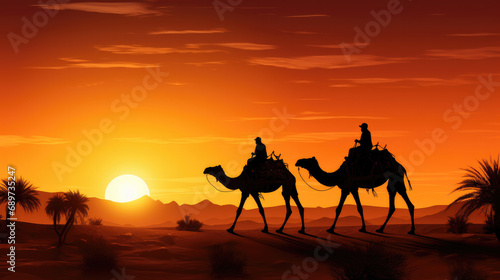 Evening Desert Voyage: Camels Under Vibrant Sunset Sk
