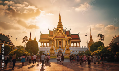 Grand Palace and Wat Phra Kaew Glowing in the Asian Sunset - A Landmark in Bangkok, Thailand. © pkproject