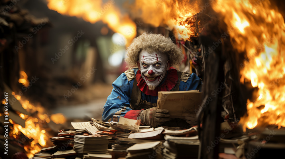 A monstrous curly-haired clown wearing gloves and surrounded by flames holds a paper document. He leaned his hands on a pile of other paper documents. 