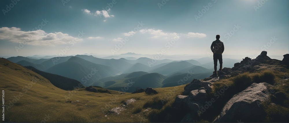 A lonely man enjoys the view of the summer mountains while he standing on a mountain peak

