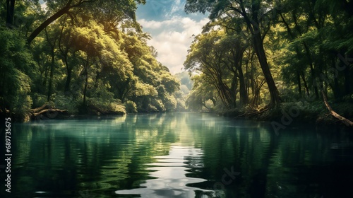 a river surrounded by trees and greenery