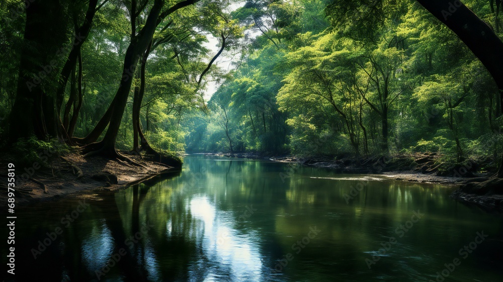 a river surrounded by trees and greenery