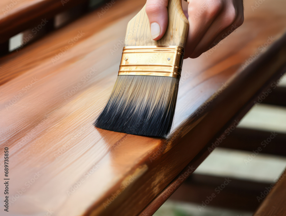 Applying sealants with brush on wood like this. - obrazy, fototapety, plakaty 