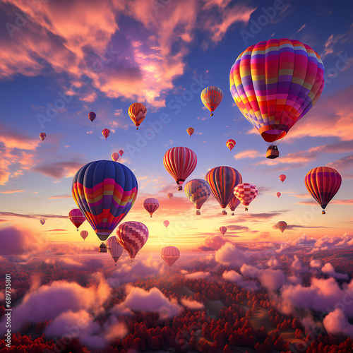 A cluster of hot air balloons drifting against a vibrant sunset sky.