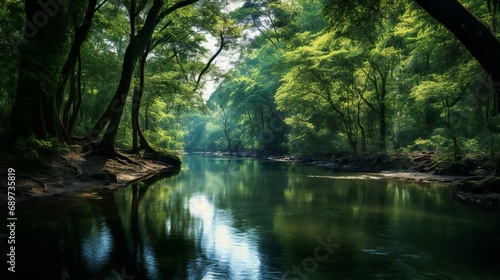 a river surrounded by trees and greenery