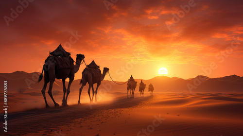 Silhouettes of Camels on Desert Expedition Under Orange Sunset