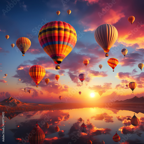 Cluster of hot air balloons drifting against a brilliant sunset sky
