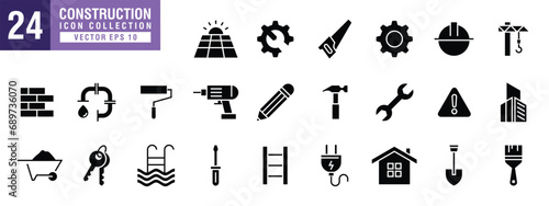 Vector of construction icon set, carpentry, renovation, building, architecture, home repair tools, EPS 10 vector.