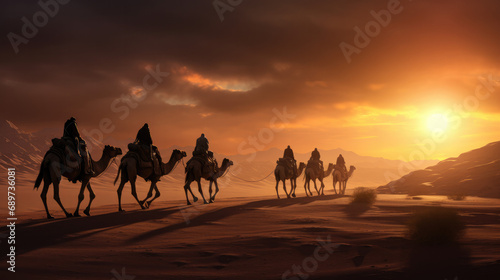 Evening Desert Odyssey  Camels Against the Backdrop of a Setting Sun